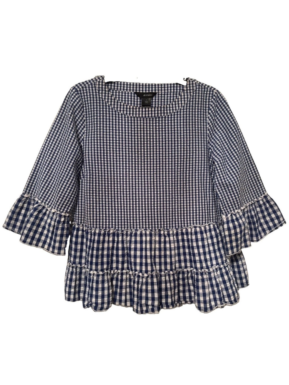Ali Miles Navy White Check Print Womens Gingham Ruffle Peplum Top